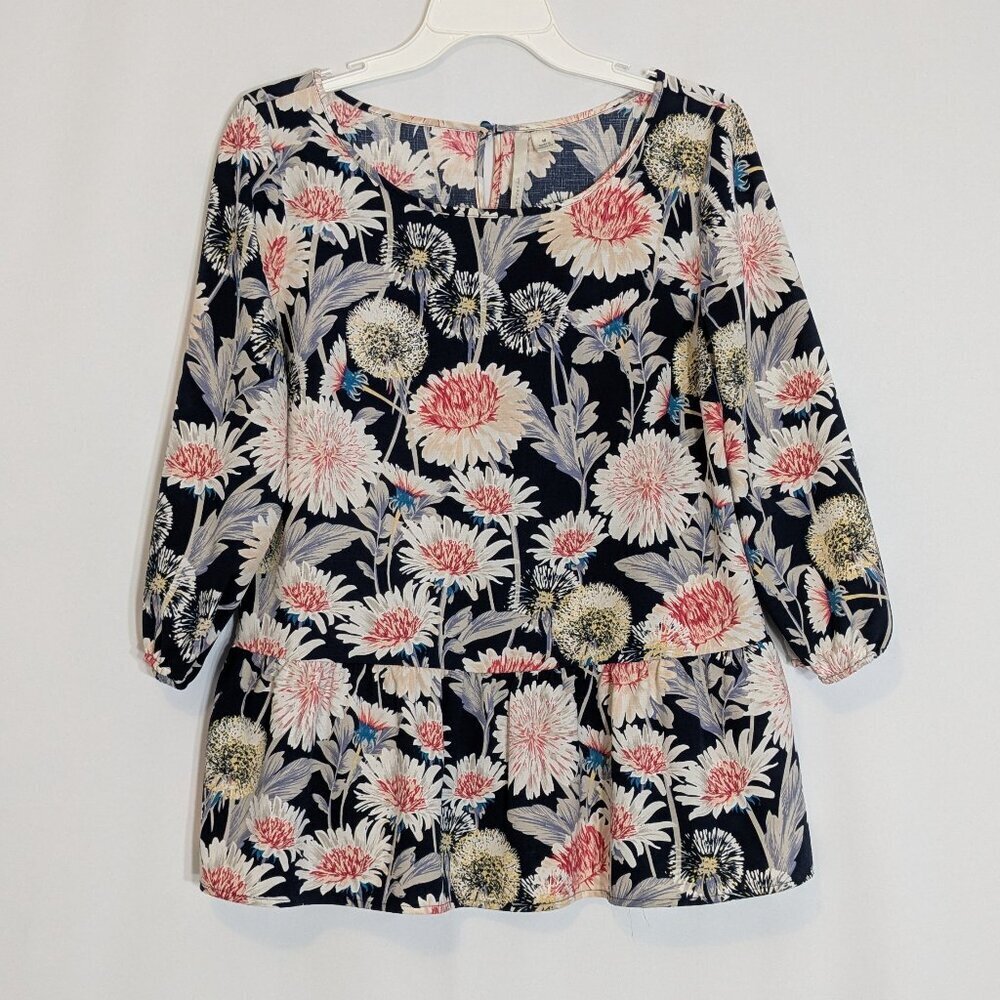 LC Lauren Conrad Navy Blue & Pink Floral Pullover Top Blouse; Size M
